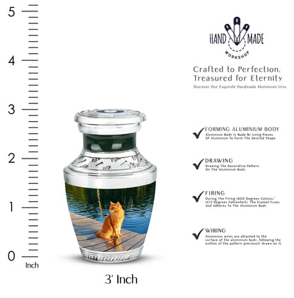 Verdant Green Cat Cremation Urn top-down view of secure threaded lid - modern art-inspired cat motif on sleek aluminum - mini keepsake memorial for portion of cremation ashes