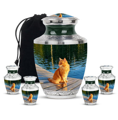 Olive Green Cat Cremation Urn lifestyle display on memorial shelf - stylized abstract cat pattern with bold lines - memorial set with one large and four small urns