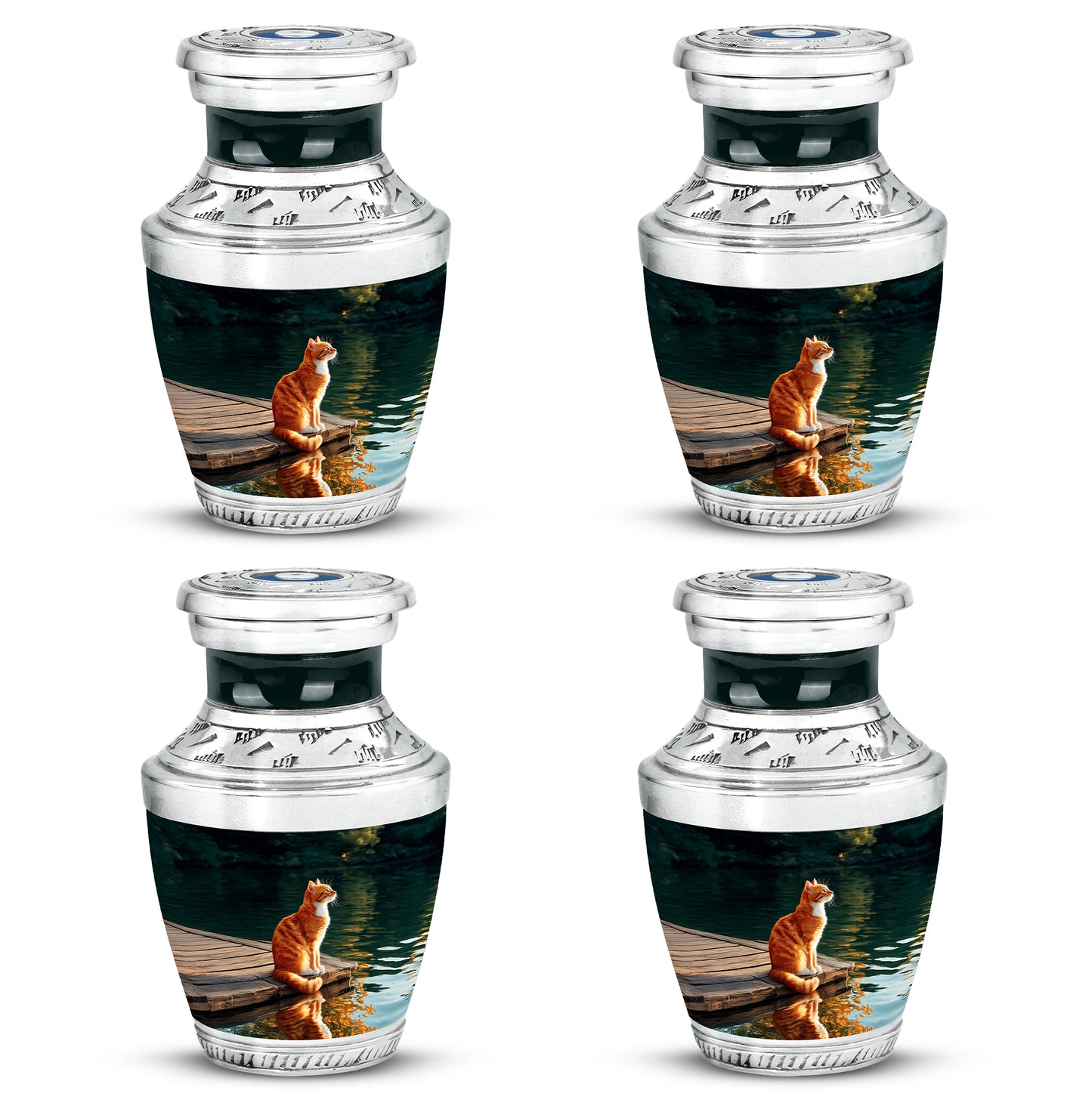 Glossy Black Cat Cremation Urn back view with polished surface - modern art-inspired cat motif on sleek aluminum - 10 inch aluminum urn for cremated remains