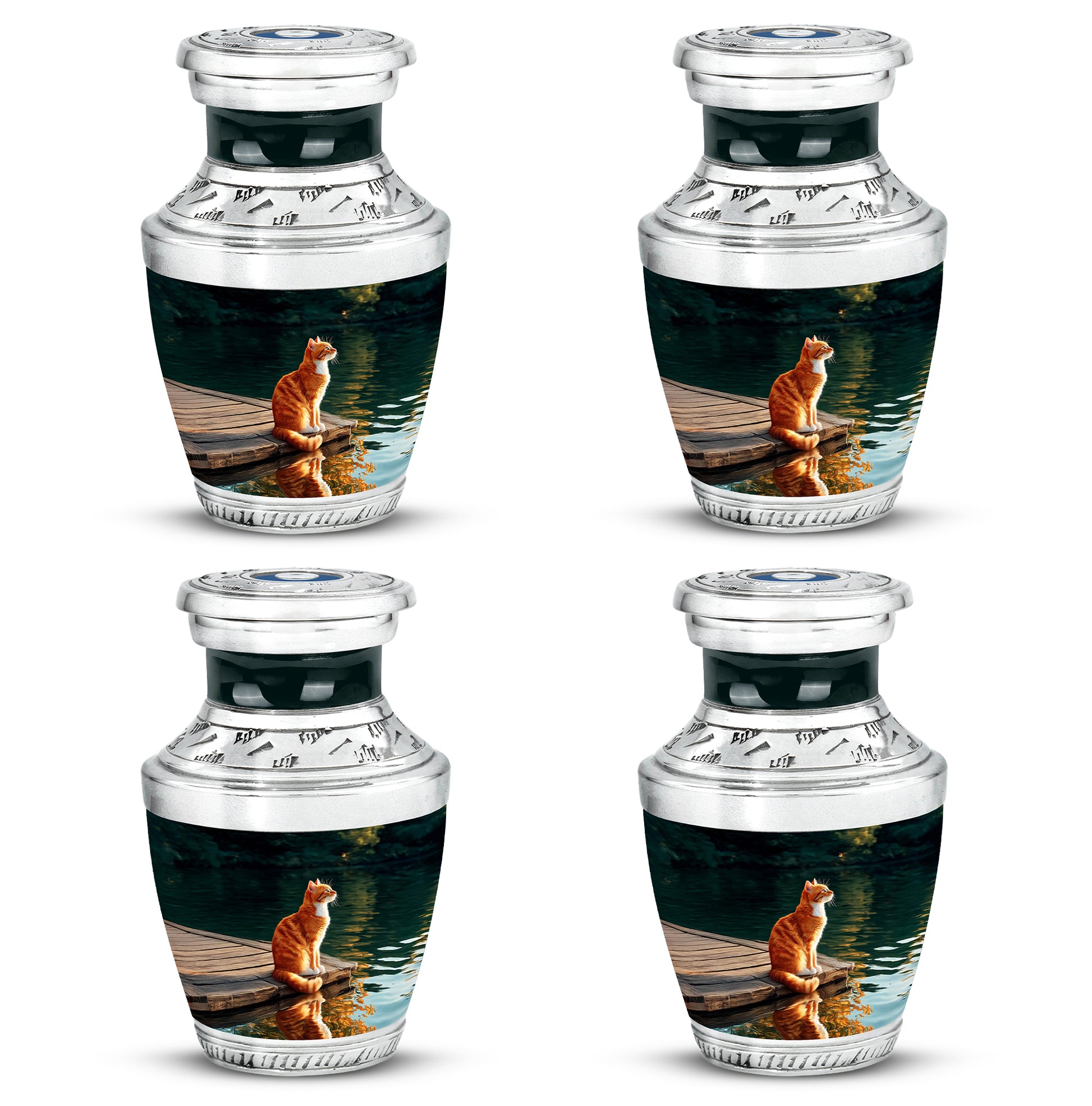 Glossy Black Cat Cremation Urn back view with polished surface - modern art-inspired cat motif on sleek aluminum - 10 inch aluminum urn for cremated remains