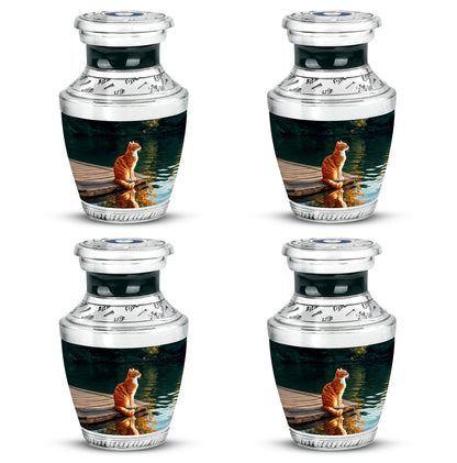 Glossy Black Cat Cremation Urn back view with polished surface - modern art-inspired cat motif on sleek aluminum - 10 inch aluminum urn for cremated remains