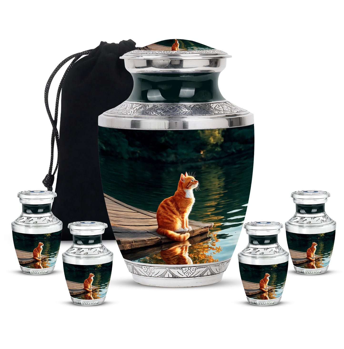Charcoal Black Cat Cremation Urn lifestyle display on memorial shelf - stylized abstract cat pattern with bold lines - memorial set with one large and four small urns