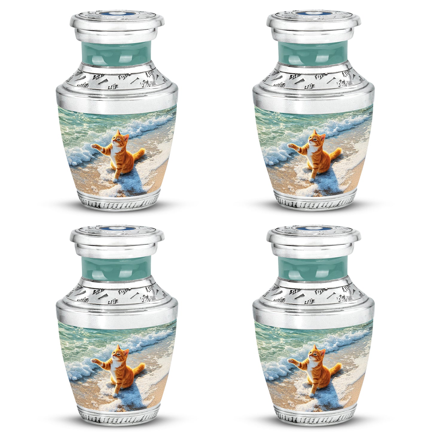 Hunter Green Cat Cremation Urn back view with polished surface - artistic cat interpretation with creative detail - 10 inch aluminum urn for cremated remains