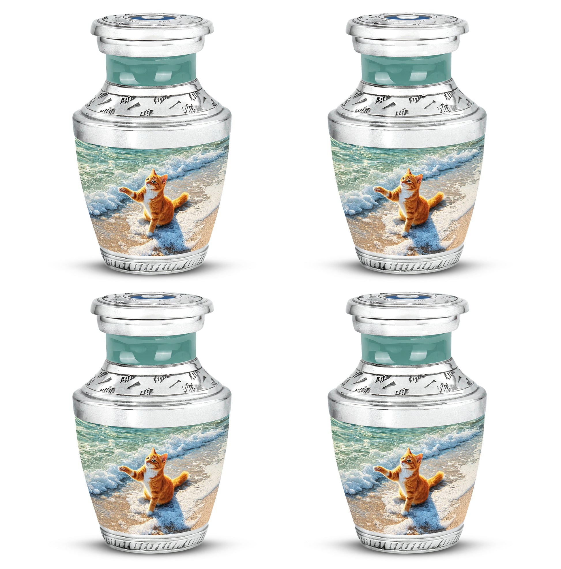 Hunter Green Cat Cremation Urn back view with polished surface - artistic cat interpretation with creative detail - 10 inch aluminum urn for cremated remains