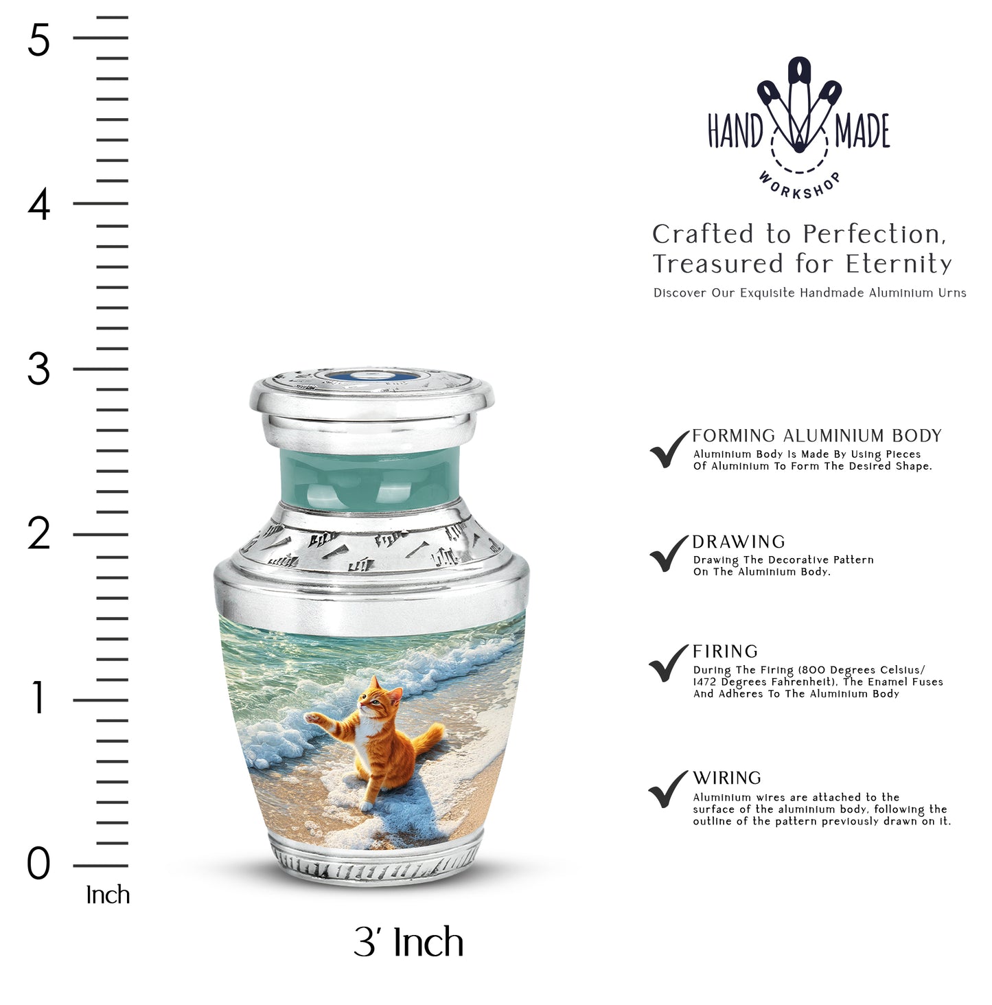 Hunter Green Cat Cremation Urn top-down view of secure threaded lid - artistic cat interpretation with creative detail - mini keepsake memorial for portion of cremation ashes