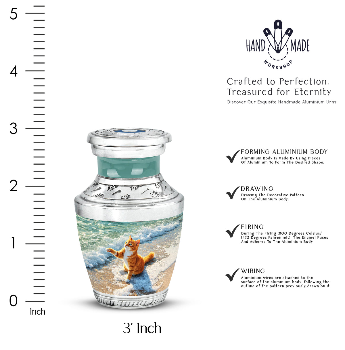 Hunter Green Cat Cremation Urn top-down view of secure threaded lid - artistic cat interpretation with creative detail - mini keepsake memorial for portion of cremation ashes