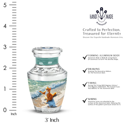 Hunter Green Cat Cremation Urn top-down view of secure threaded lid - artistic cat interpretation with creative detail - mini keepsake memorial for portion of cremation ashes