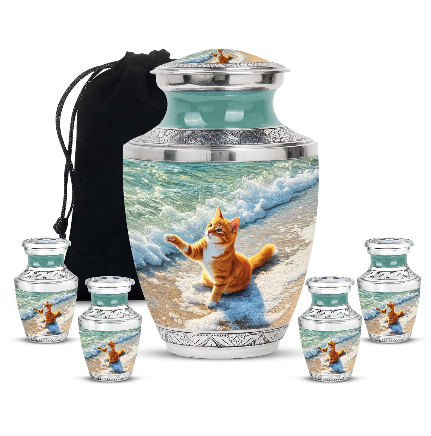 Sage Green Cat Cremation Urn lifestyle display on memorial shelf - contemporary cat design with modern artistic flair - memorial set with one large and four small urns