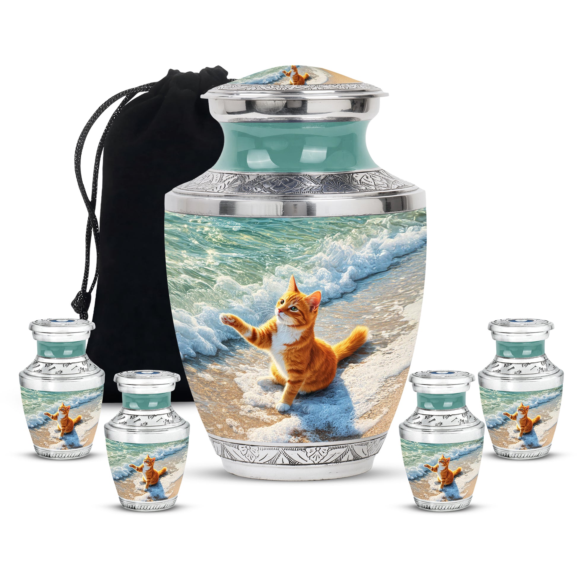 Sage Green Cat Cremation Urn lifestyle display on memorial shelf - contemporary cat design with modern artistic flair - memorial set with one large and four small urns