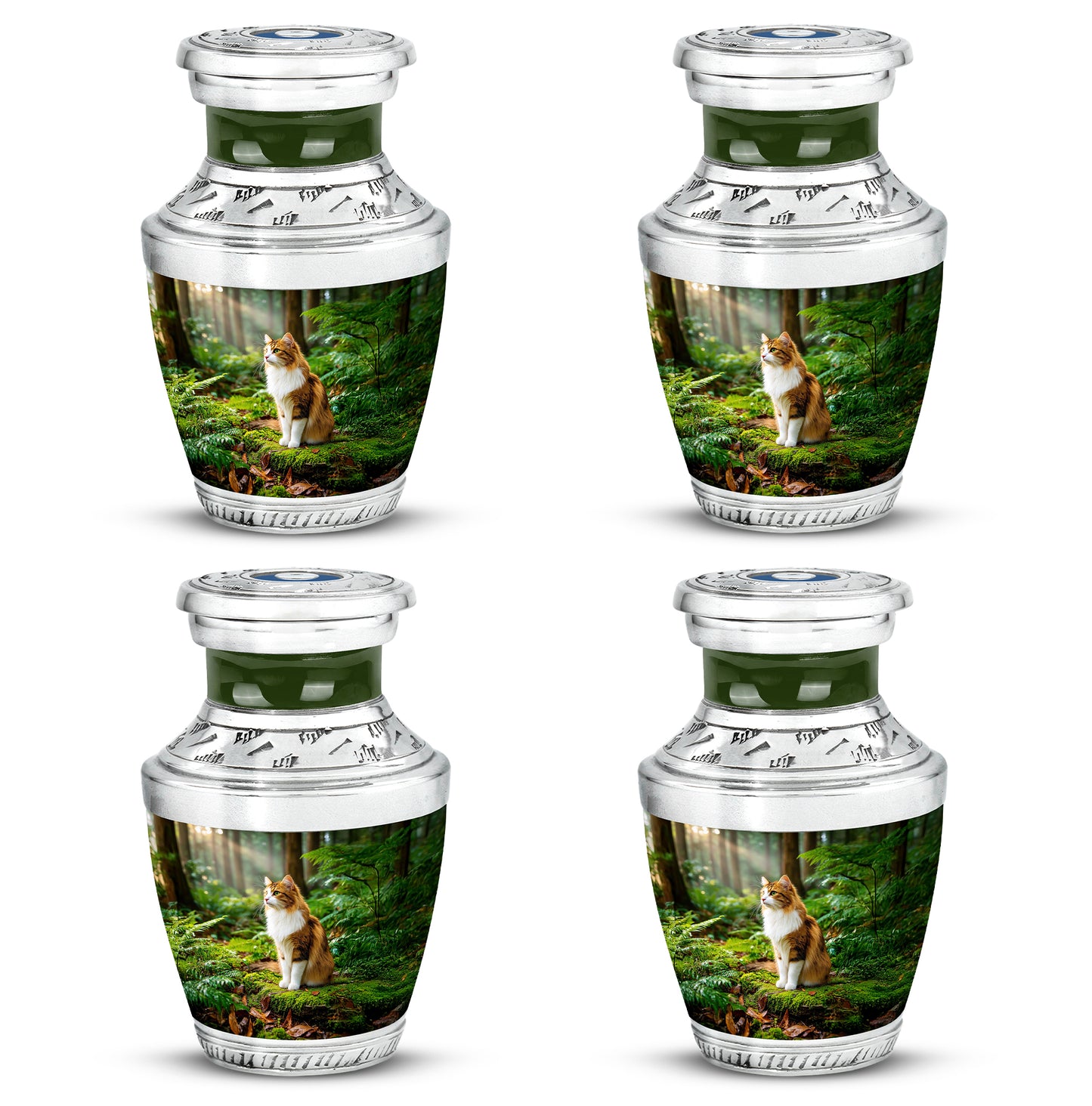 Burnished Gold Cat Cremation Urn back view with polished surface - stylized abstract cat pattern with bold lines - 10 inch aluminum urn for cremated remains