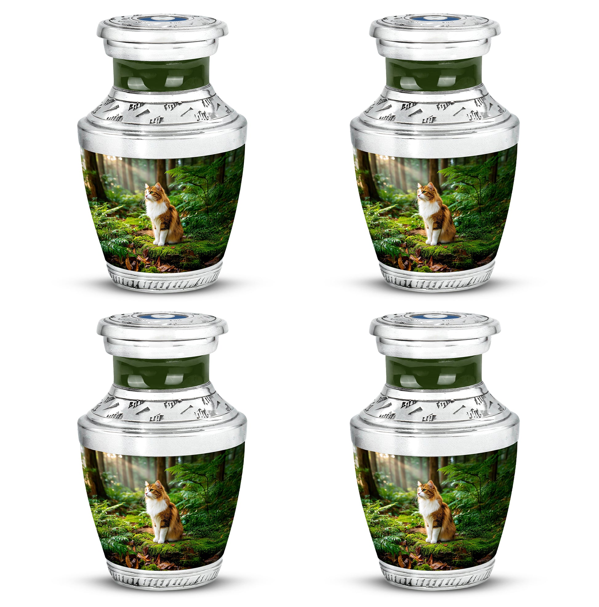 Burnished Gold Cat Cremation Urn back view with polished surface - stylized abstract cat pattern with bold lines - 10 inch aluminum urn for cremated remains