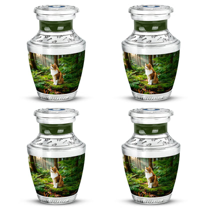 Burnished Gold Cat Cremation Urn back view with polished surface - stylized abstract cat pattern with bold lines - 10 inch aluminum urn for cremated remains