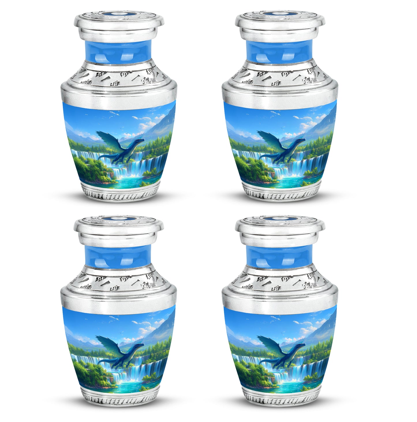 Icy Blue Dragon Cremation Urn back view with polished surface - modern art-inspired dragon motif on sleek aluminum - 10 inch aluminum urn for cremated remains