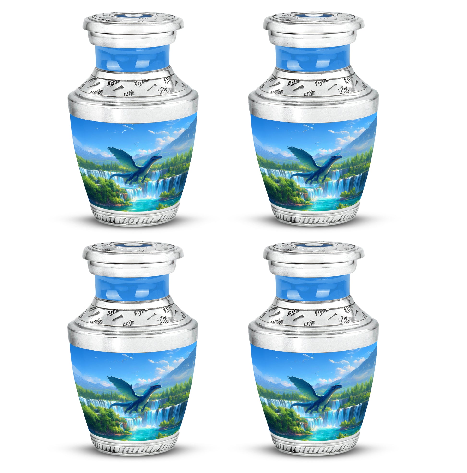 Icy Blue Dragon Cremation Urn back view with polished surface - modern art-inspired dragon motif on sleek aluminum - 10 inch aluminum urn for cremated remains
