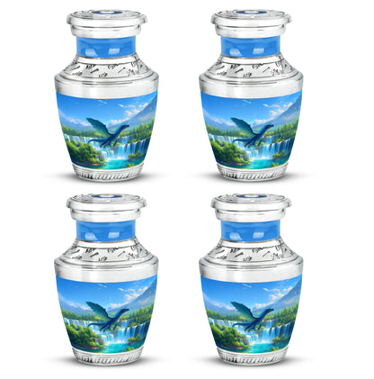 Icy Blue Dragon Cremation Urn back view with polished surface - modern art-inspired dragon motif on sleek aluminum - 10 inch aluminum urn for cremated remains