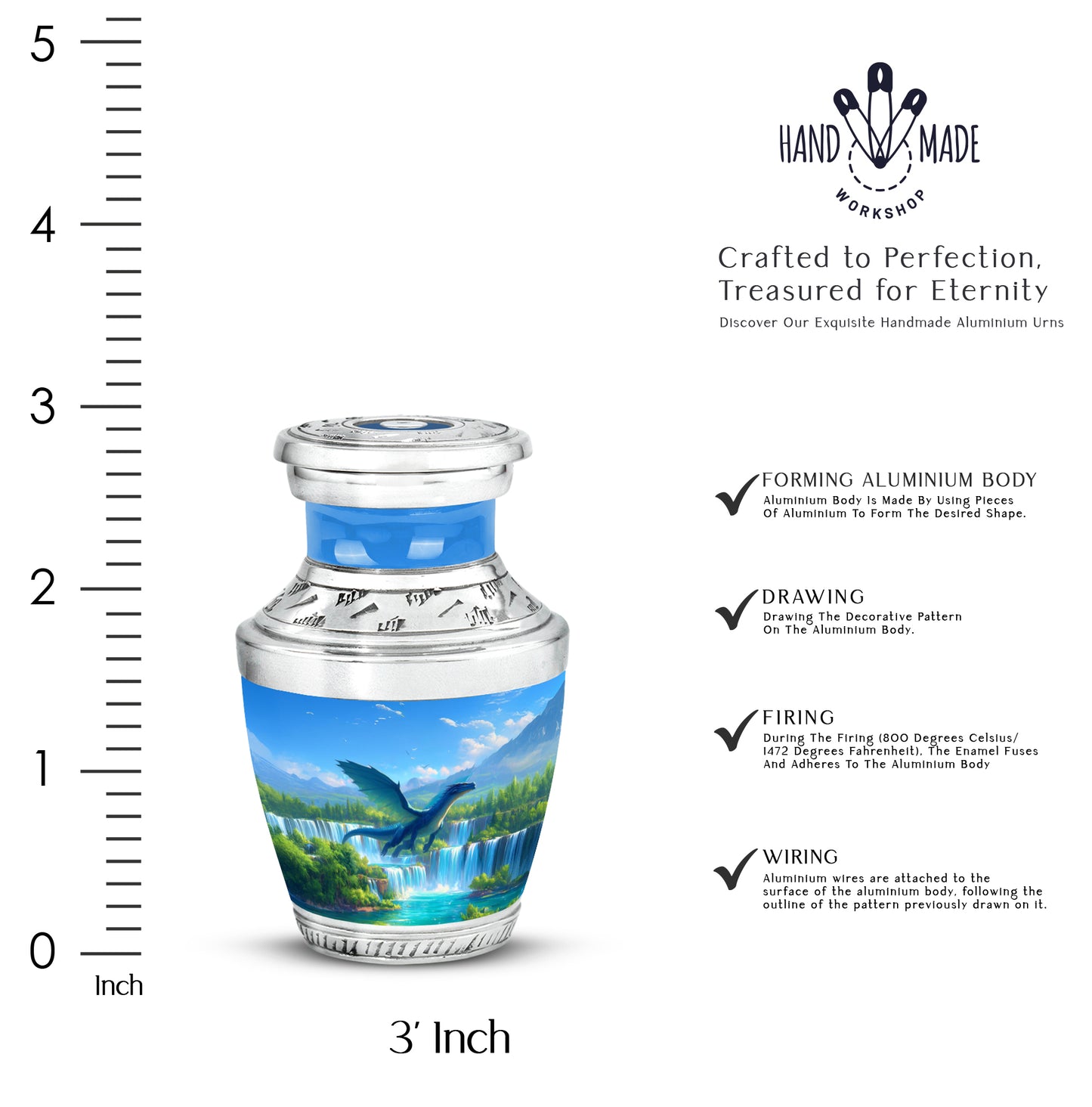 Pastel Blue Dragon Cremation Urn top-down view of secure threaded lid - modern art-inspired dragon motif on sleek aluminum - mini keepsake memorial for portion of cremation ashes