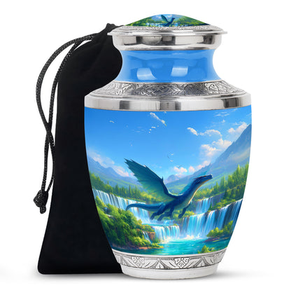 Misty Blue Dragon Cremation Urn side profile showing urn shape - contemporary dragon design with modern artistic flair - full-size 10 inch 200 cubic inch adult cremation urn