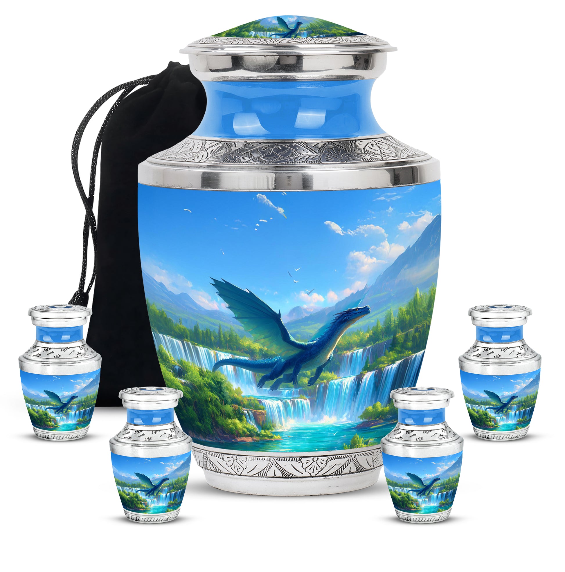 Calming Blue Dragon Cremation Urn lifestyle display on memorial shelf - artistic dragon interpretation with creative detail - memorial set with one large and four small urns