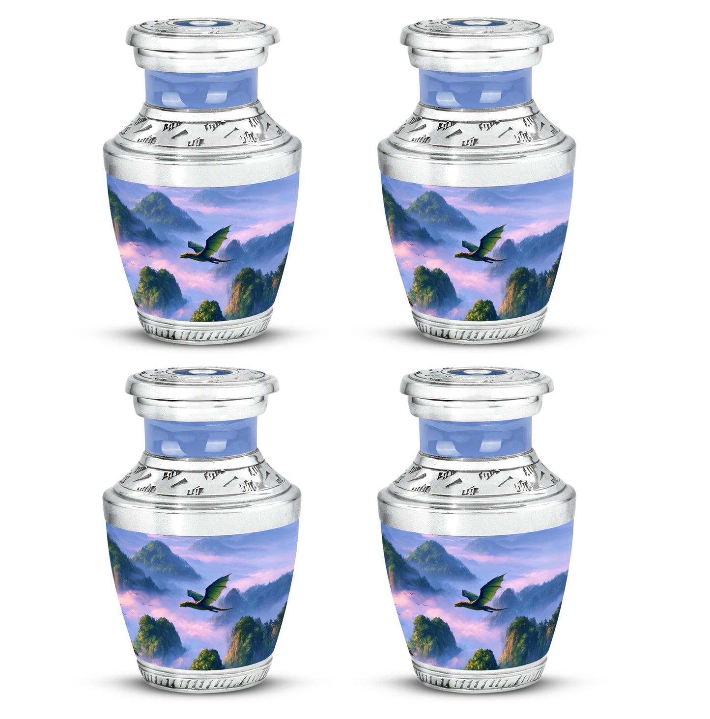 Celestial Blue Dragon Cremation Urn back view with polished surface - modern art-inspired dragon motif on sleek aluminum - 10 inch aluminum urn for cremated remains