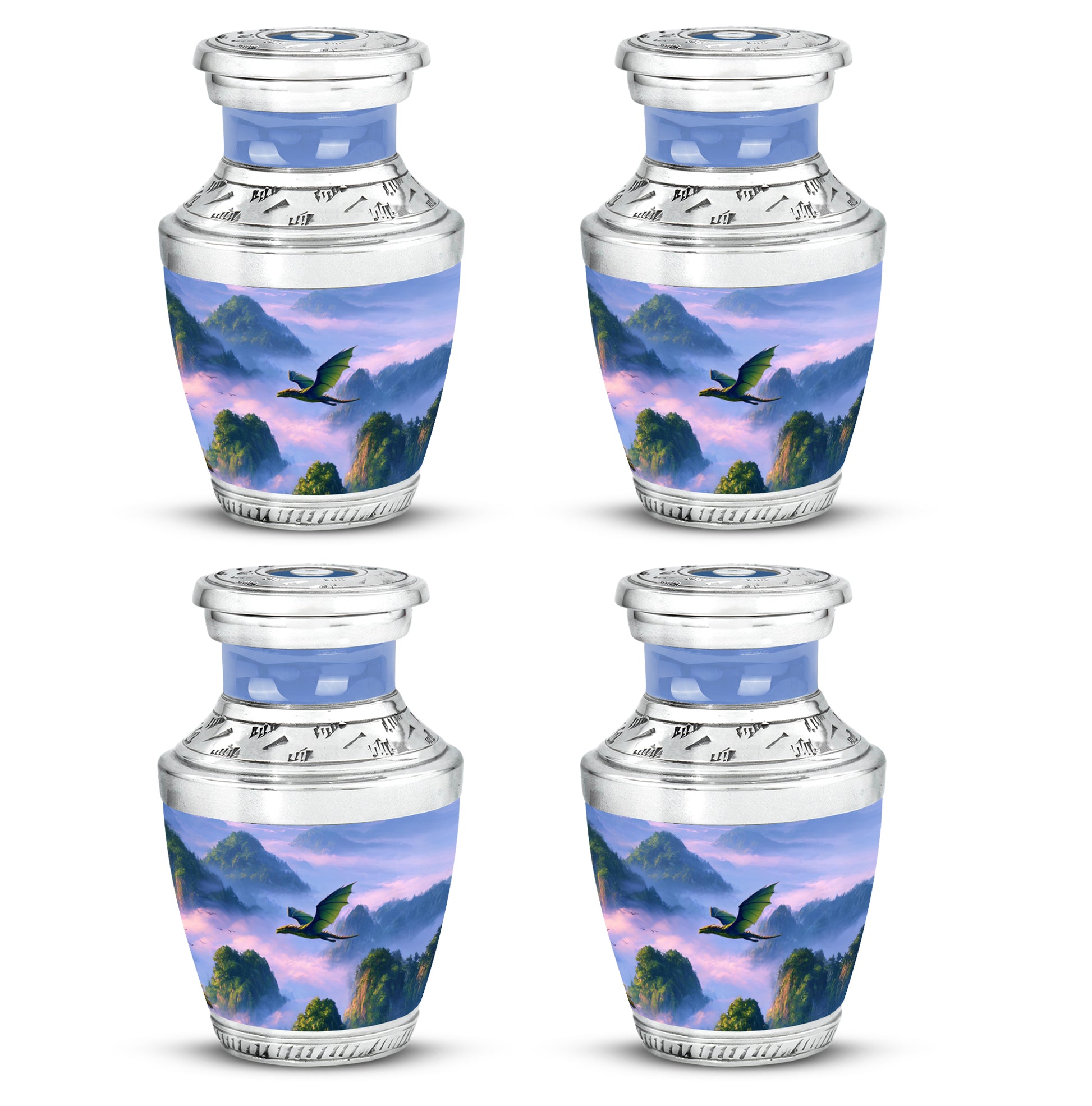 Celestial Blue Dragon Cremation Urn back view with polished surface - modern art-inspired dragon motif on sleek aluminum - 10 inch aluminum urn for cremated remains