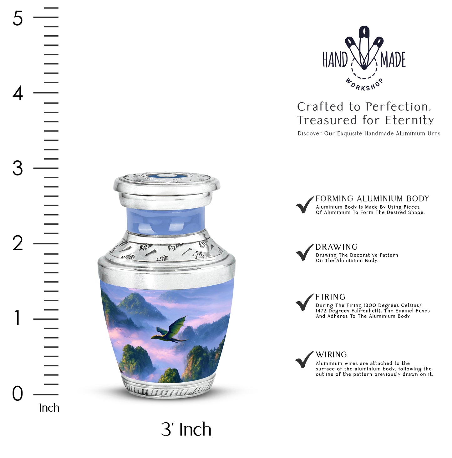 Calming Blue Dragon Cremation Urn top-down view of secure threaded lid - artistic dragon interpretation with creative detail - mini keepsake memorial for portion of cremation ashes