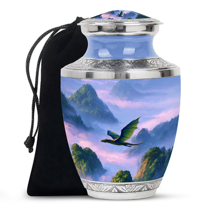 Misty Blue Dragon Cremation Urn side profile showing urn shape - modern art-inspired dragon motif on sleek aluminum - full-size 10 inch 200 cubic inch adult cremation urn