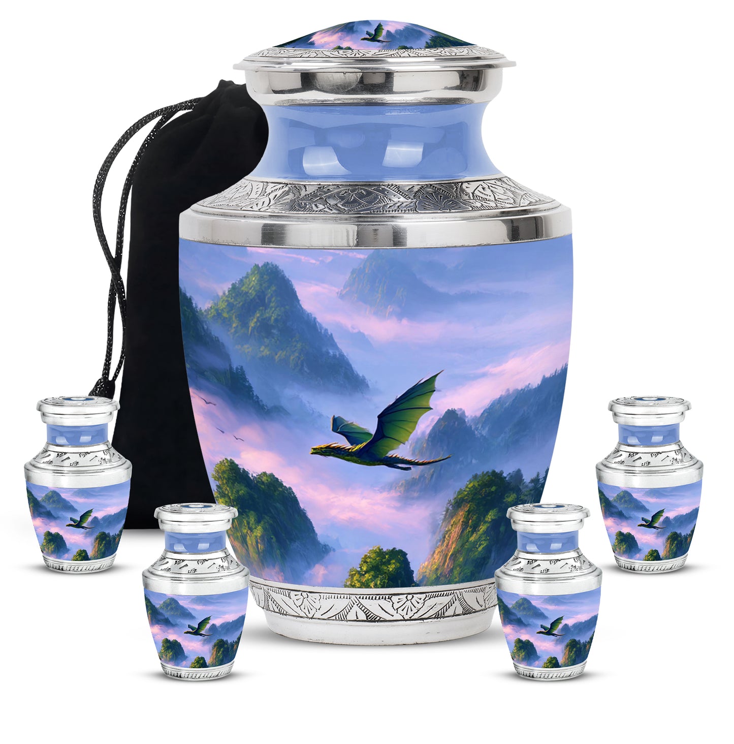 Azure Dragon Cremation Urn lifestyle display on memorial shelf - modern art-inspired dragon motif on sleek aluminum - memorial set with one large and four small urns