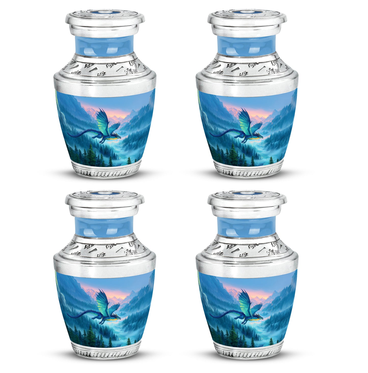 Cobalt Blue Dragon Cremation Urn back view with polished surface - stylized abstract dragon pattern with bold lines - 10 inch aluminum urn for cremated remains