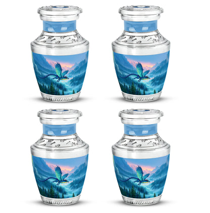 Cobalt Blue Dragon Cremation Urn back view with polished surface - stylized abstract dragon pattern with bold lines - 10 inch aluminum urn for cremated remains