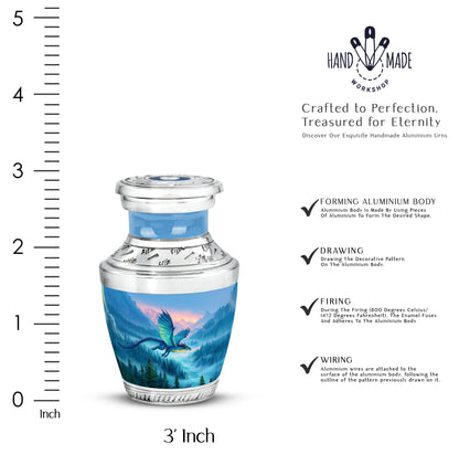 Sky Blue Dragon Cremation Urn top-down view of secure threaded lid - modern art-inspired dragon motif on sleek aluminum - mini keepsake memorial for portion of cremation ashes