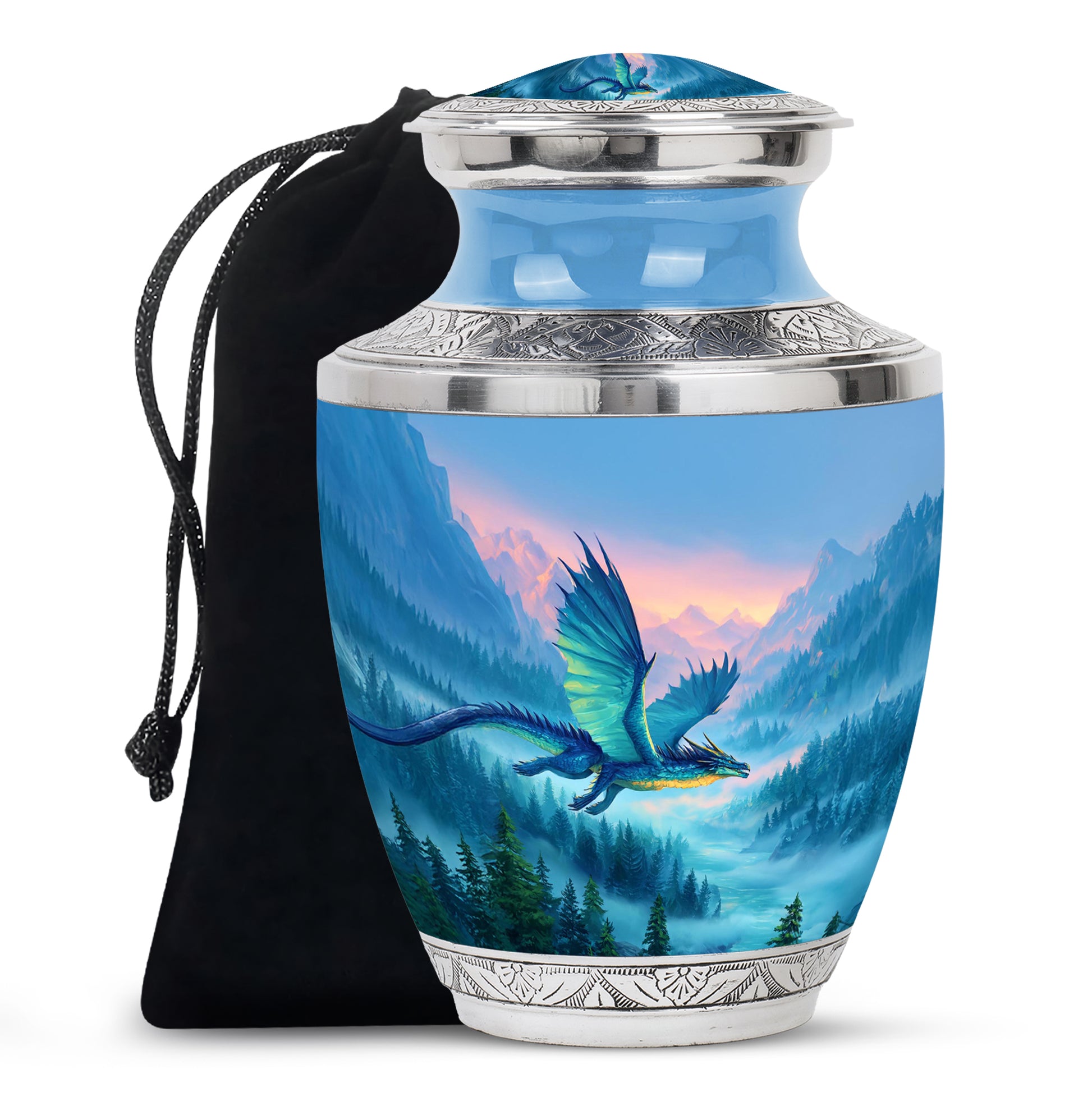 Indigo Dragon Cremation Urn side profile showing urn shape - contemporary dragon design with modern artistic flair - full-size 10 inch 200 cubic inch adult cremation urn