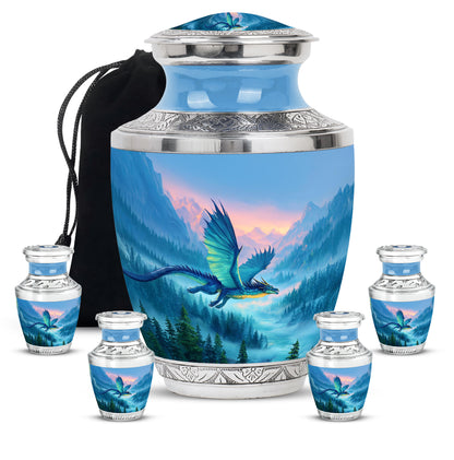 Slate Blue Dragon Cremation Urn lifestyle display on memorial shelf - modern art-inspired dragon motif on sleek aluminum - memorial set with one large and four small urns