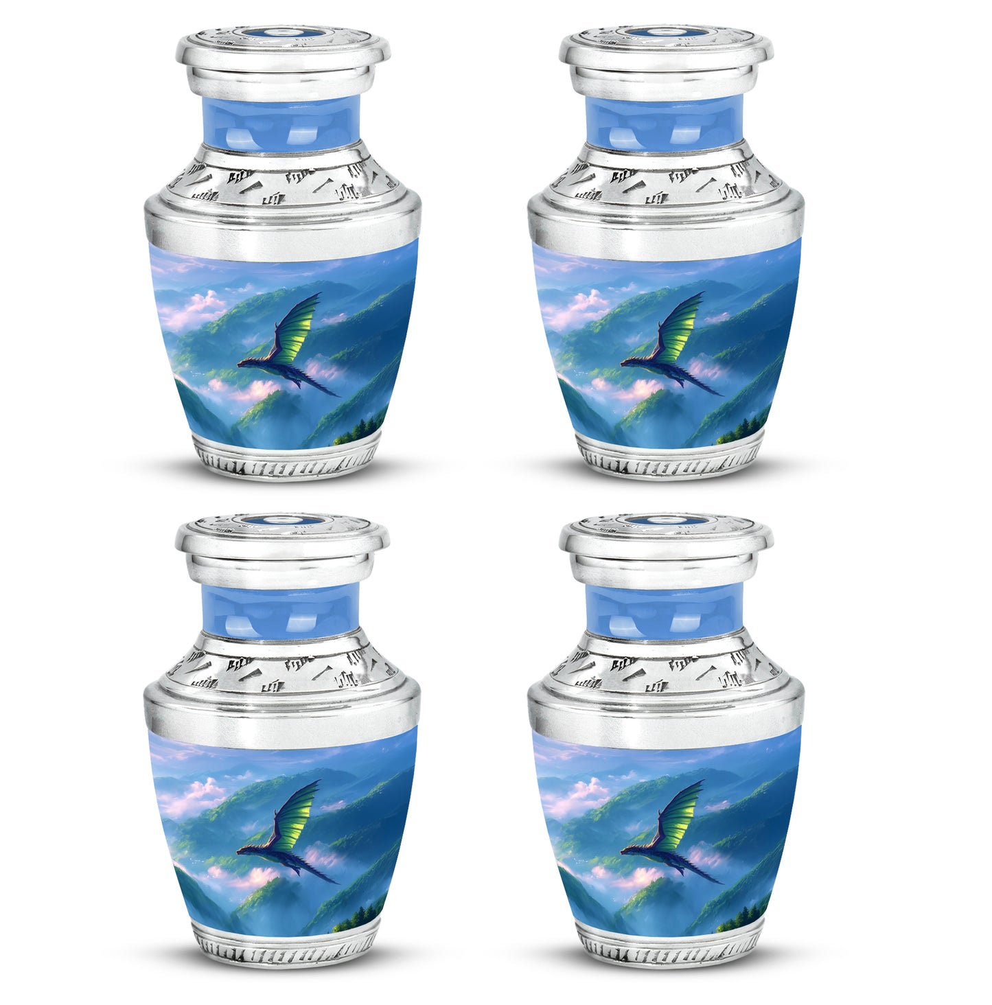 Cobalt Blue Dragon Cremation Urn back view with polished surface - stylized abstract dragon pattern with bold lines - 10 inch aluminum urn for cremated remains