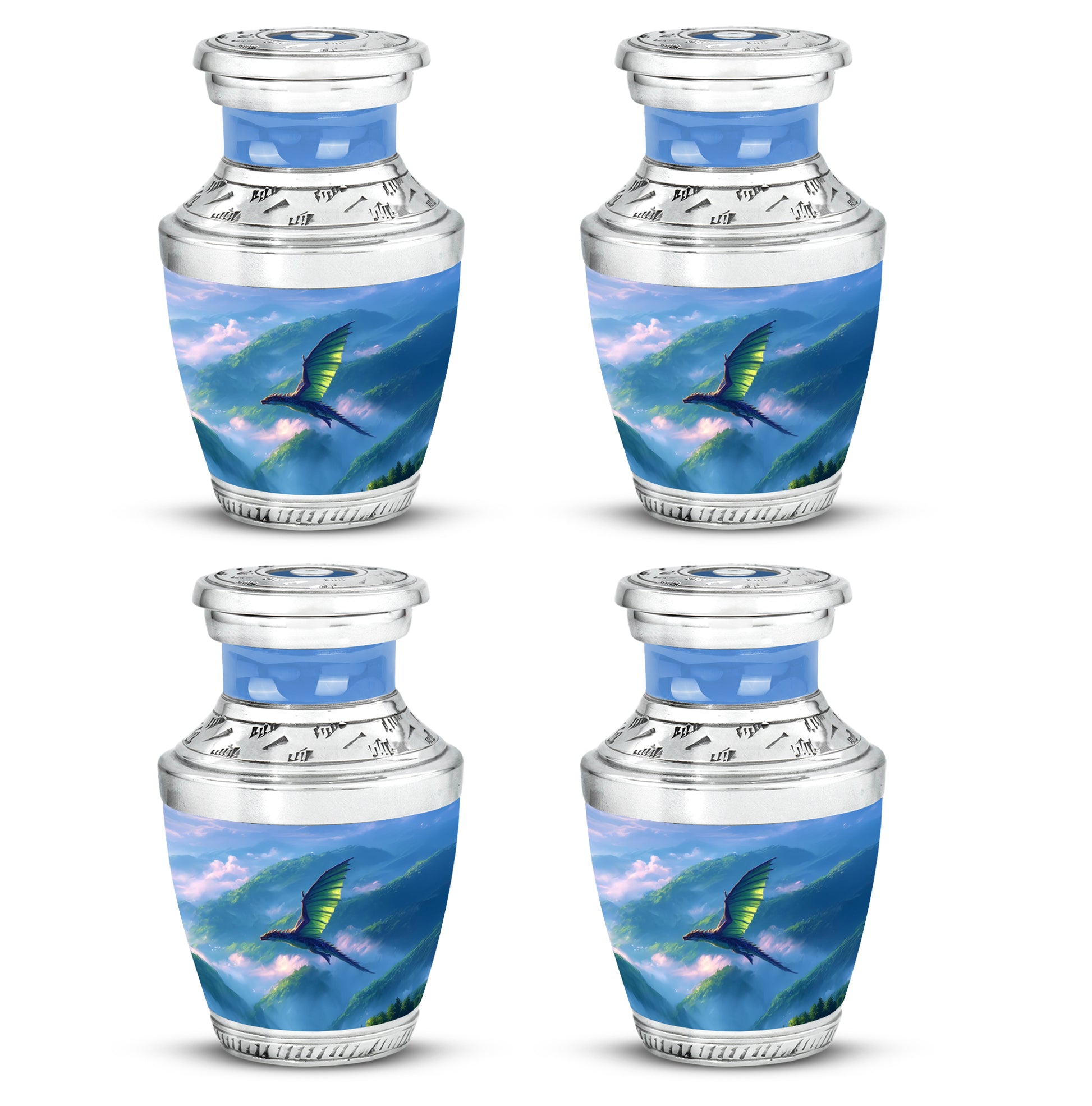Cobalt Blue Dragon Cremation Urn back view with polished surface - stylized abstract dragon pattern with bold lines - 10 inch aluminum urn for cremated remains