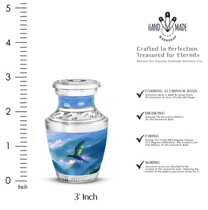 Indigo Dragon Cremation Urn top-down view of secure threaded lid - contemporary dragon design with modern artistic flair - mini keepsake memorial for portion of cremation ashes