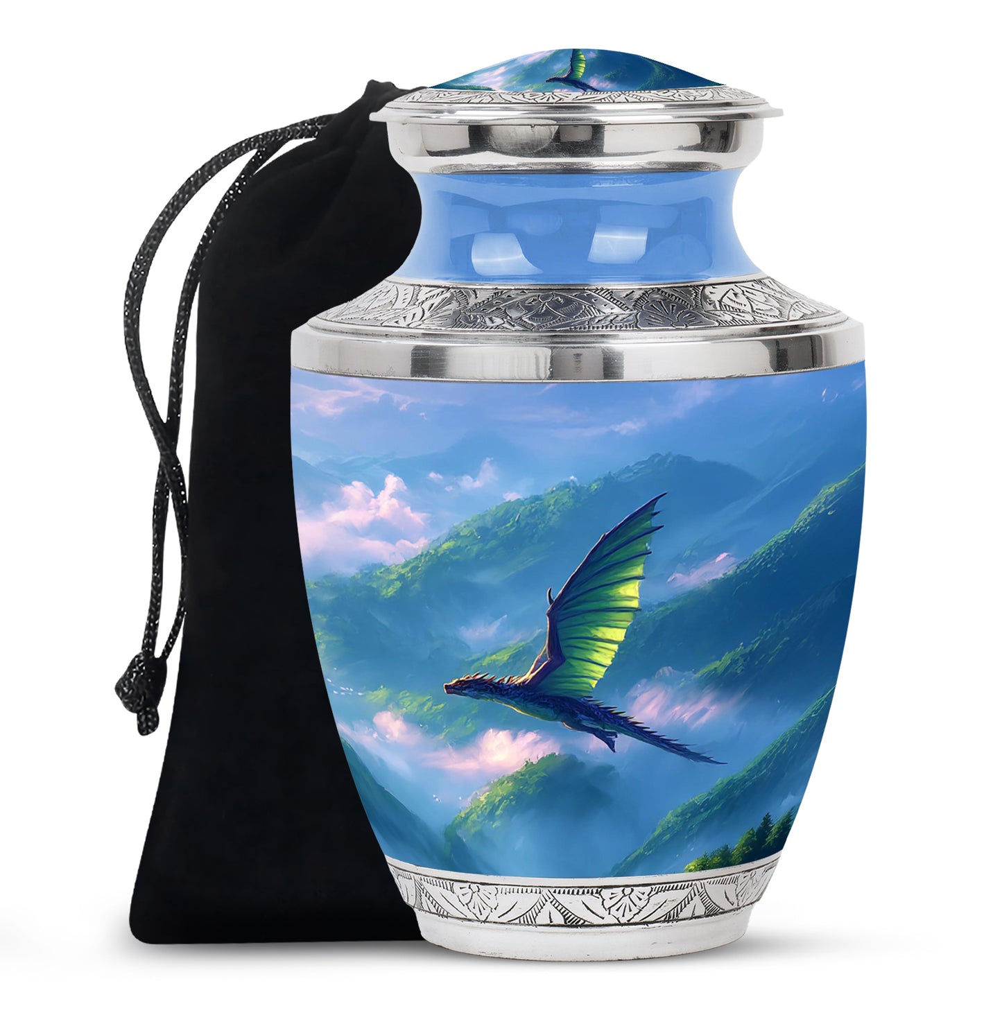 Cornflower Blue Dragon Cremation Urn side profile showing urn shape - artistic dragon interpretation with creative detail - full-size 10 inch 200 cubic inch adult cremation urn