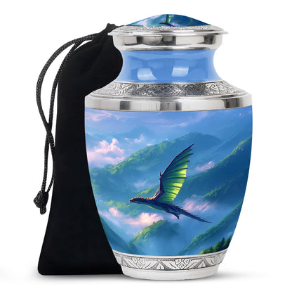 Cornflower Blue Dragon Cremation Urn side profile showing urn shape - artistic dragon interpretation with creative detail - full-size 10 inch 200 cubic inch adult cremation urn