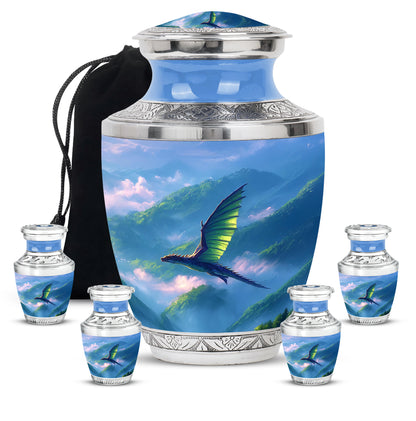 Vivid Blue Dragon Cremation Urn lifestyle display on memorial shelf - stylized abstract dragon pattern with bold lines - memorial set with one large and four small urns