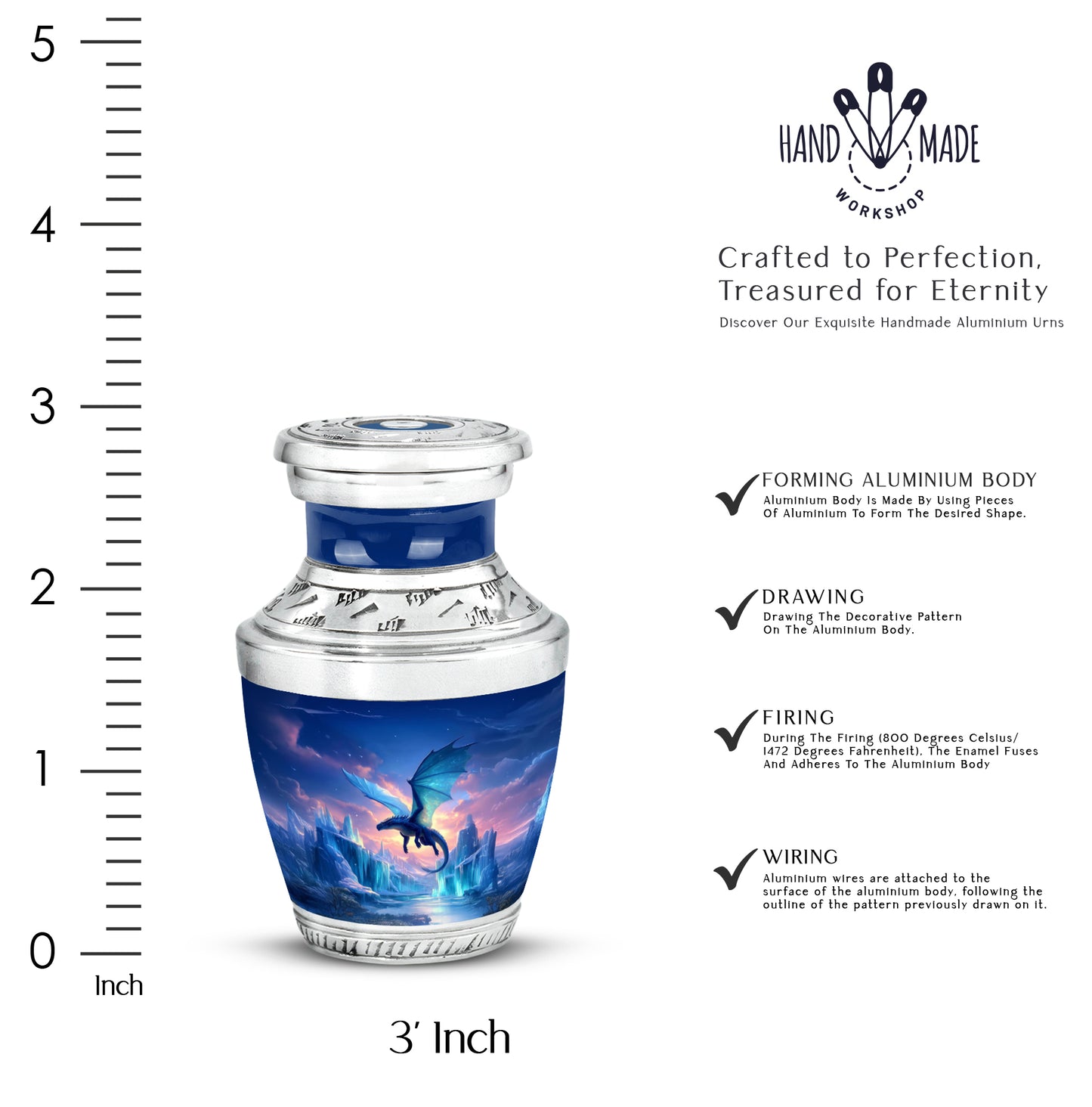 Azure Dragon Cremation Urn top-down view of secure threaded lid - modern art-inspired dragon motif on sleek aluminum - mini keepsake memorial for portion of cremation ashes