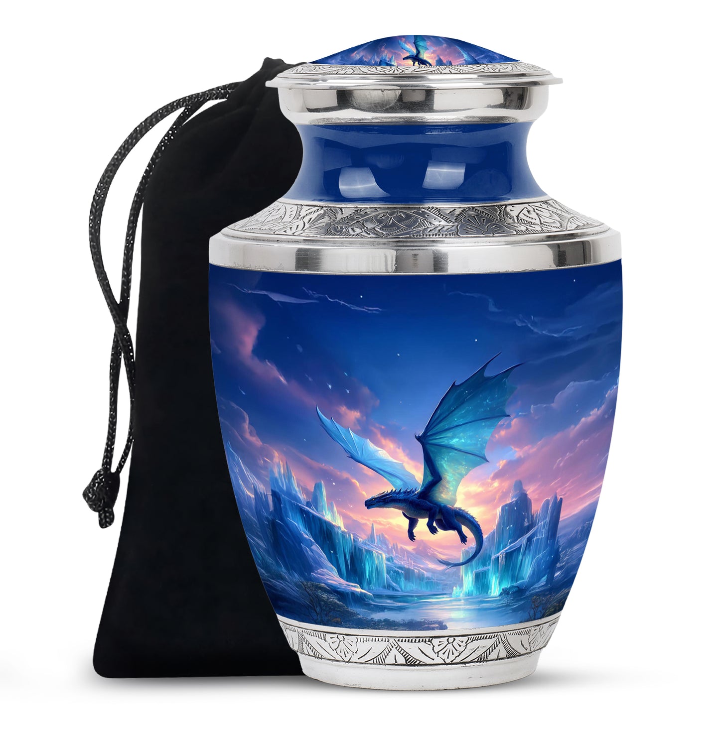 Twilight Blue Dragon Cremation Urn side profile showing urn shape - stylized abstract dragon pattern with bold lines - full-size 10 inch 200 cubic inch adult cremation urn