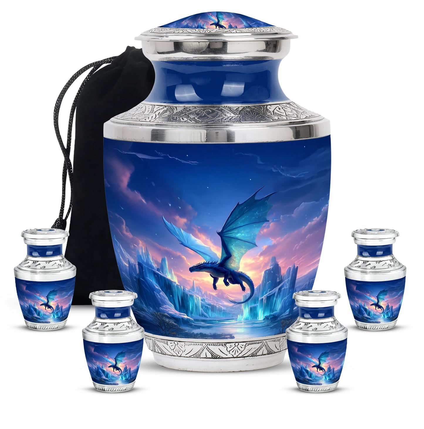 Navy Blue Dragon Cremation Urn lifestyle display on memorial shelf - modern art-inspired dragon motif on sleek aluminum - memorial set with one large and four small urns