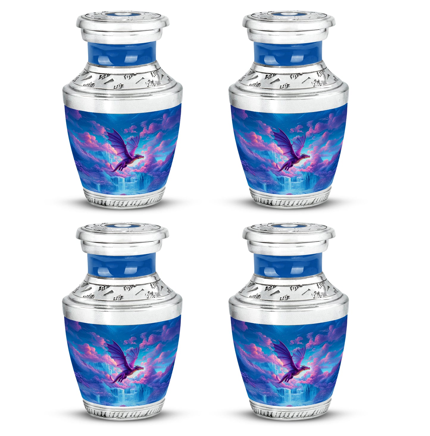 Cornflower Blue Dragon Cremation Urn back view with polished surface - artistic dragon interpretation with creative detail - 10 inch aluminum urn for cremated remains