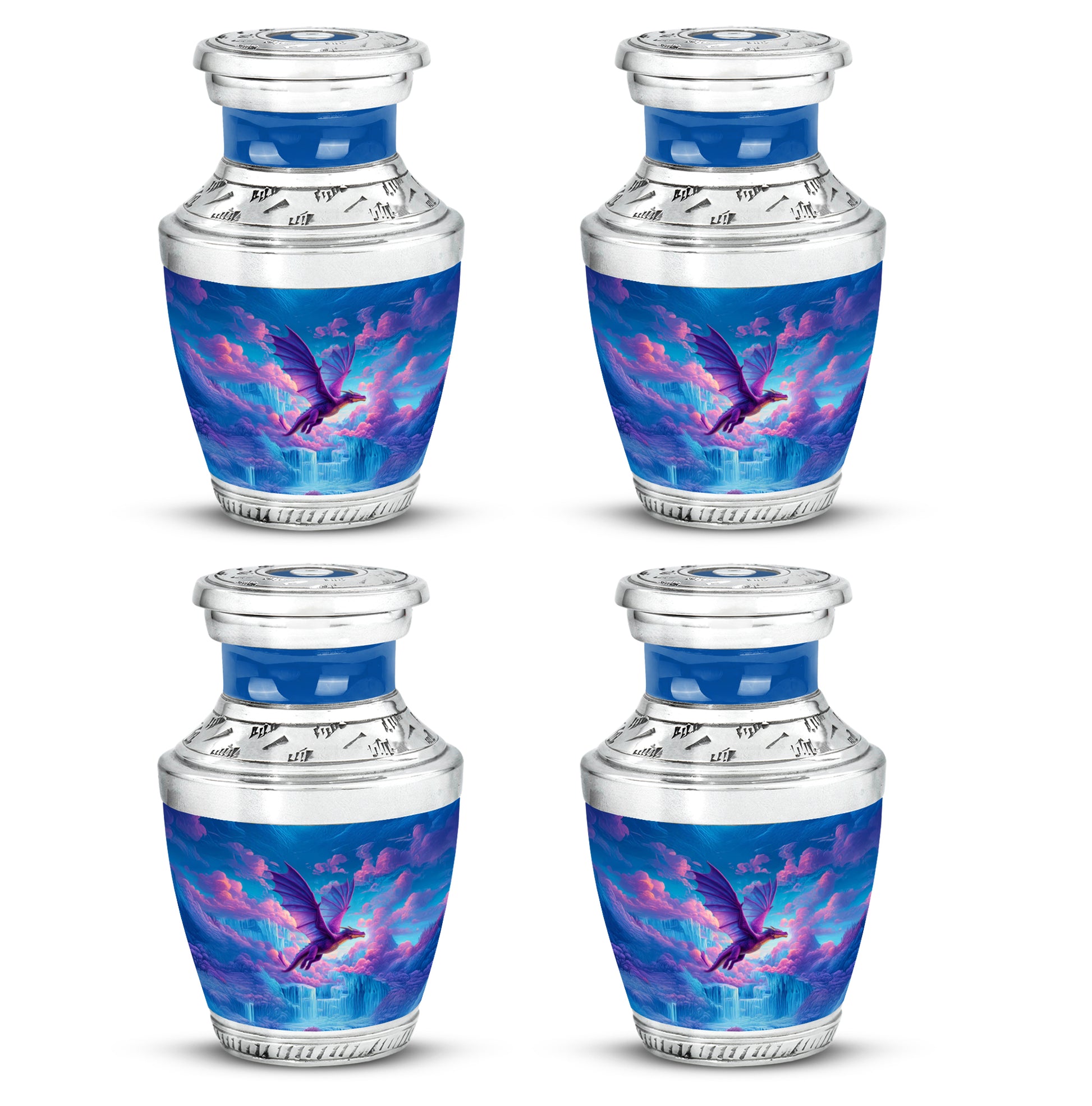 Cornflower Blue Dragon Cremation Urn back view with polished surface - artistic dragon interpretation with creative detail - 10 inch aluminum urn for cremated remains