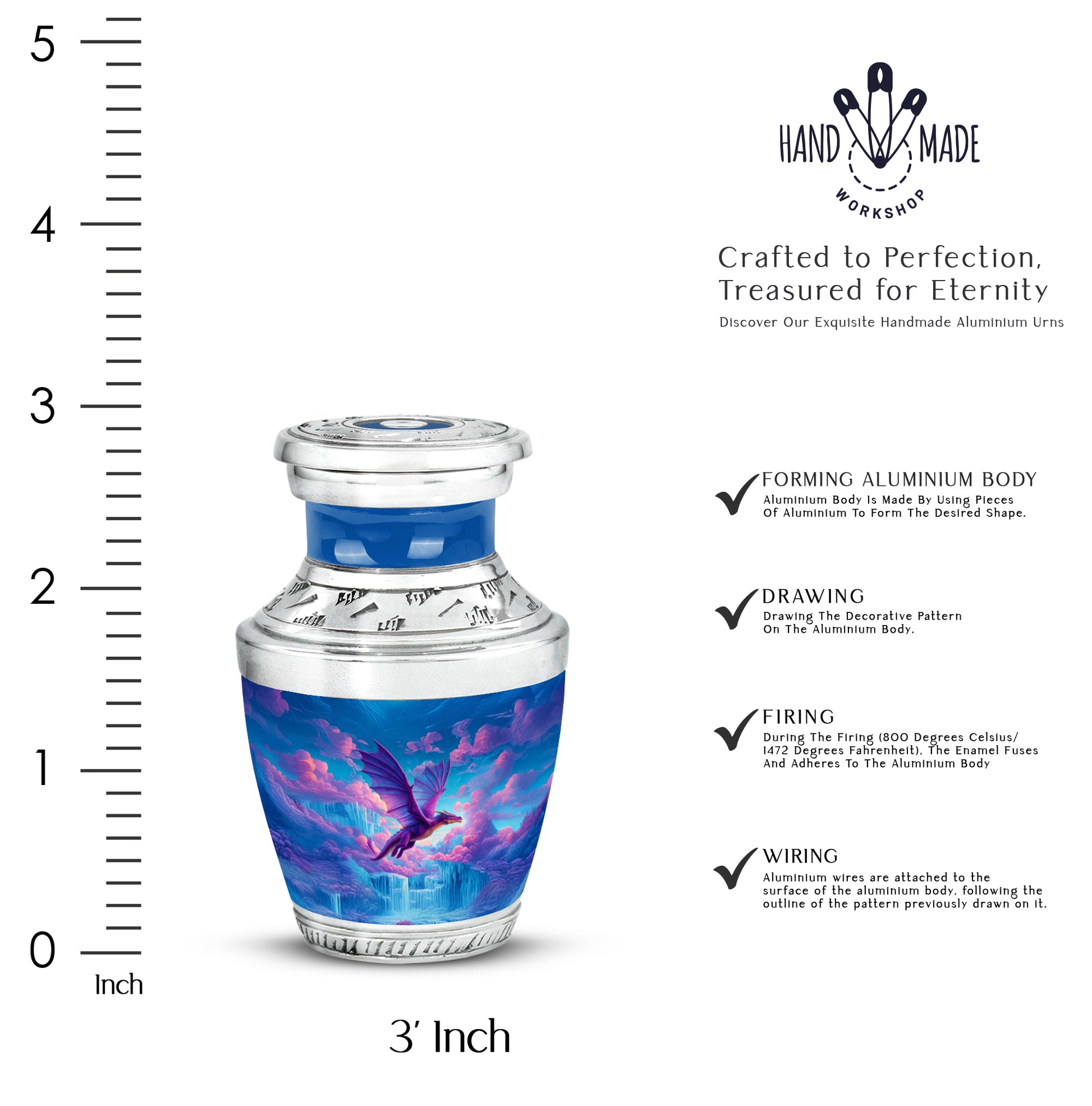 Vivid Blue Dragon Cremation Urn top-down view of secure threaded lid - artistic dragon interpretation with creative detail - mini keepsake memorial for portion of cremation ashes