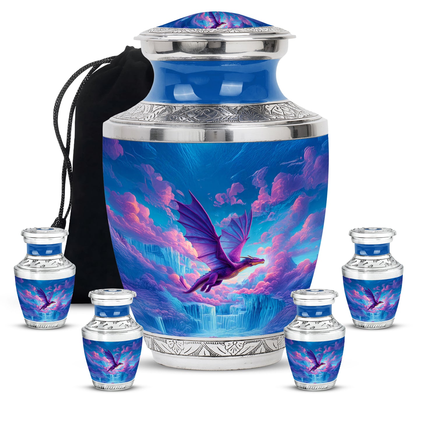 Icy Blue Dragon Cremation Urn lifestyle display on memorial shelf - modern art-inspired dragon motif on sleek aluminum - memorial set with one large and four small urns