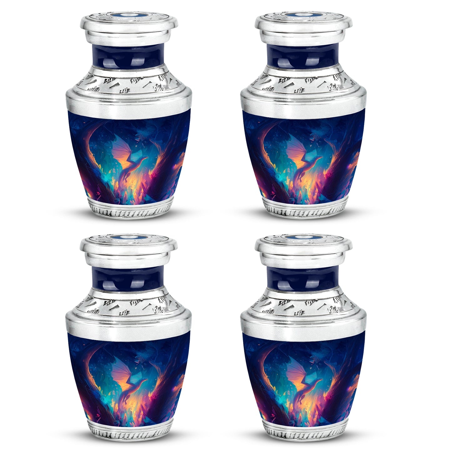 Navy Blue Dragon Cremation Urn back view with polished surface - modern art-inspired dragon motif on sleek aluminum - 10 inch aluminum urn for cremated remains