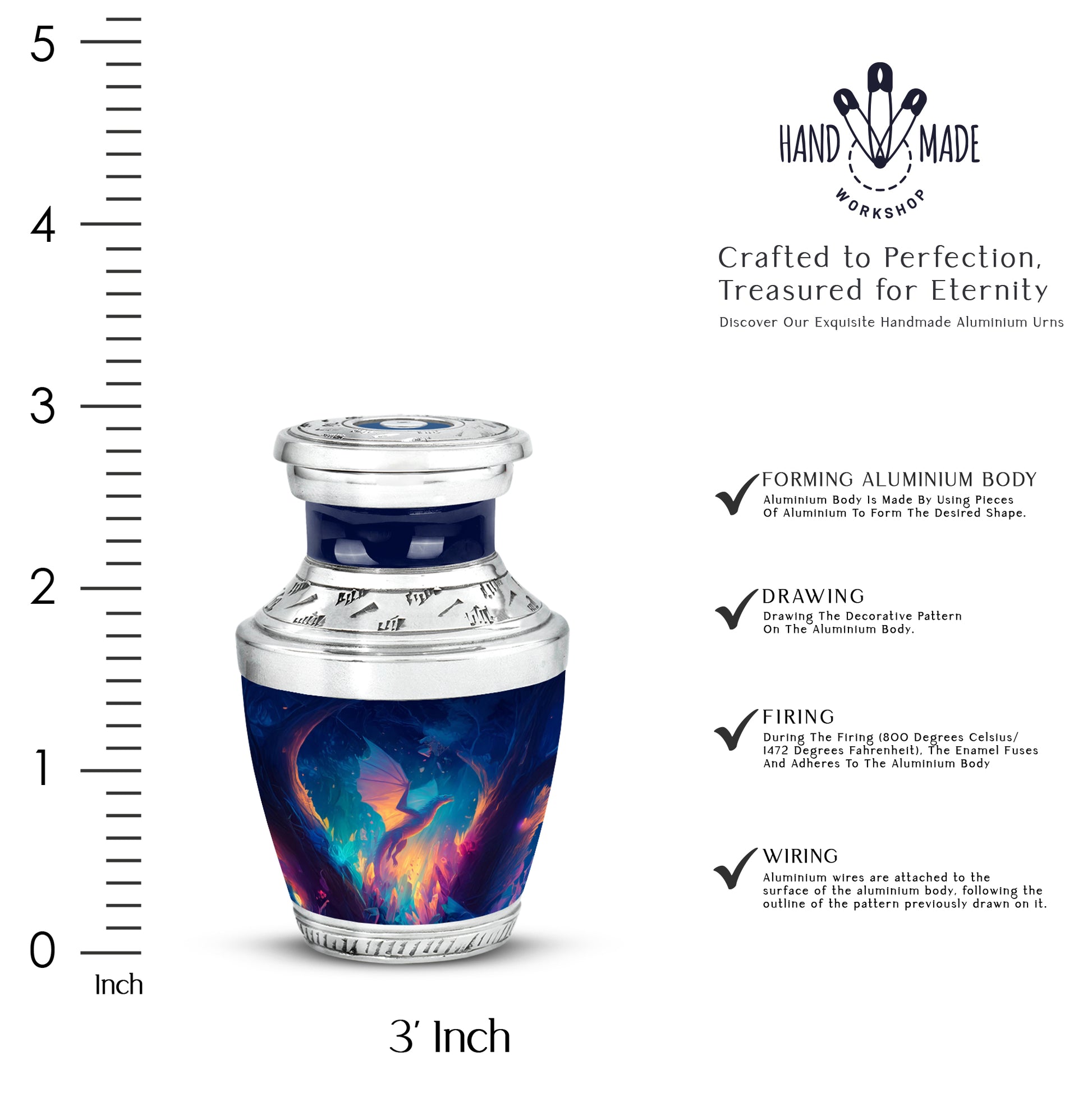 Royal Blue Dragon Cremation Urn top-down view of secure threaded lid - stylized abstract dragon pattern with bold lines - mini keepsake memorial for portion of cremation ashes