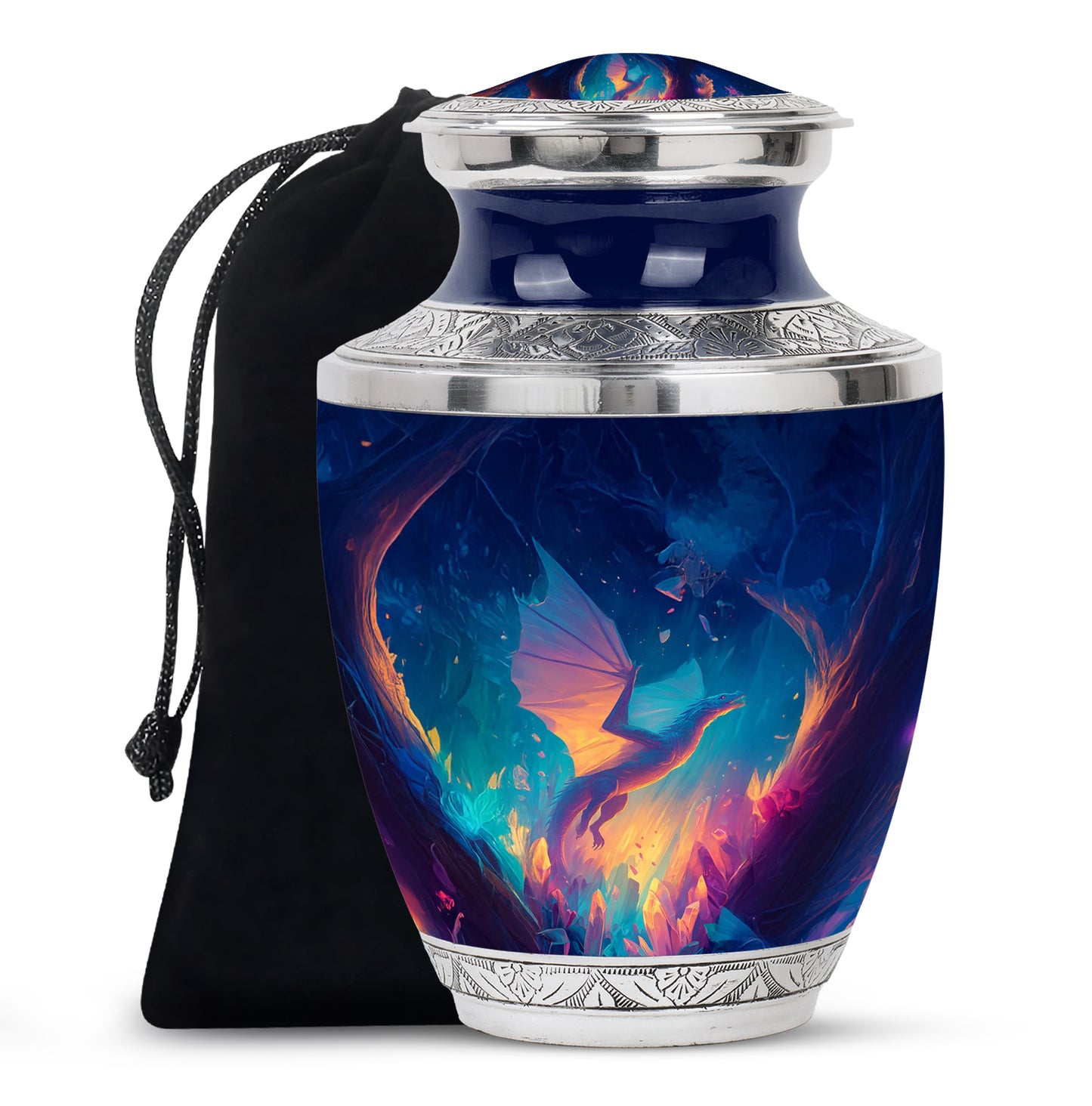 Sky Blue Dragon Cremation Urn side profile showing urn shape - contemporary dragon design with modern artistic flair - full-size 10 inch 200 cubic inch adult cremation urn