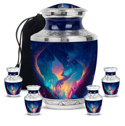 Navy Blue Dragon Cremation Urn lifestyle display on memorial shelf - modern art-inspired dragon motif on sleek aluminum - memorial set with one large and four small urns