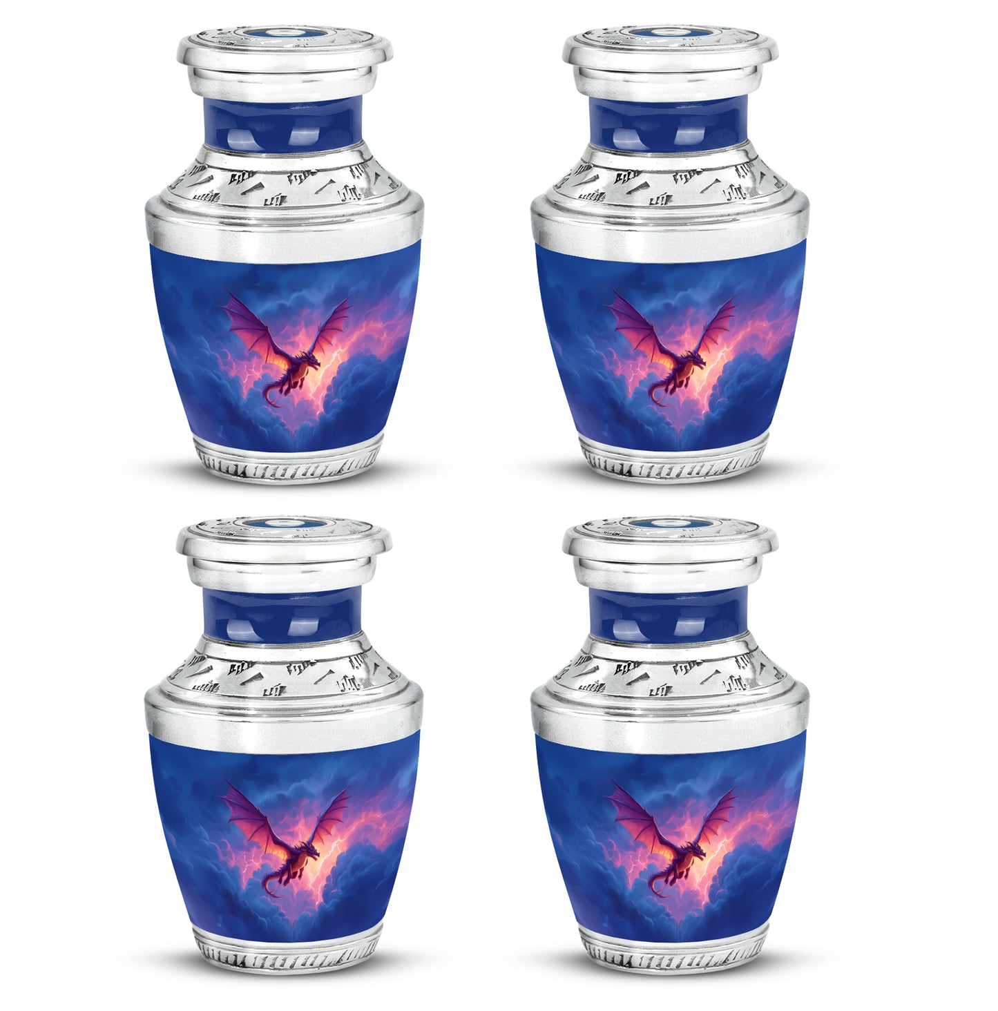 Twilight Blue Dragon Cremation Urn back view with polished surface - artistic dragon interpretation with creative detail - 10 inch aluminum urn for cremated remains